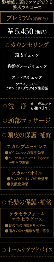 【プレミアム】髪補修と頭皮ケアができる贅沢フルコース(約50分)￥4,860(税込)
