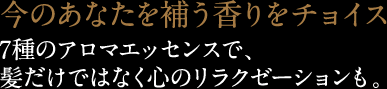 今のあなたを補う香りをチョイス
7種のアロマエッセンスで、髪だけではなくココロのリラクゼーションも。